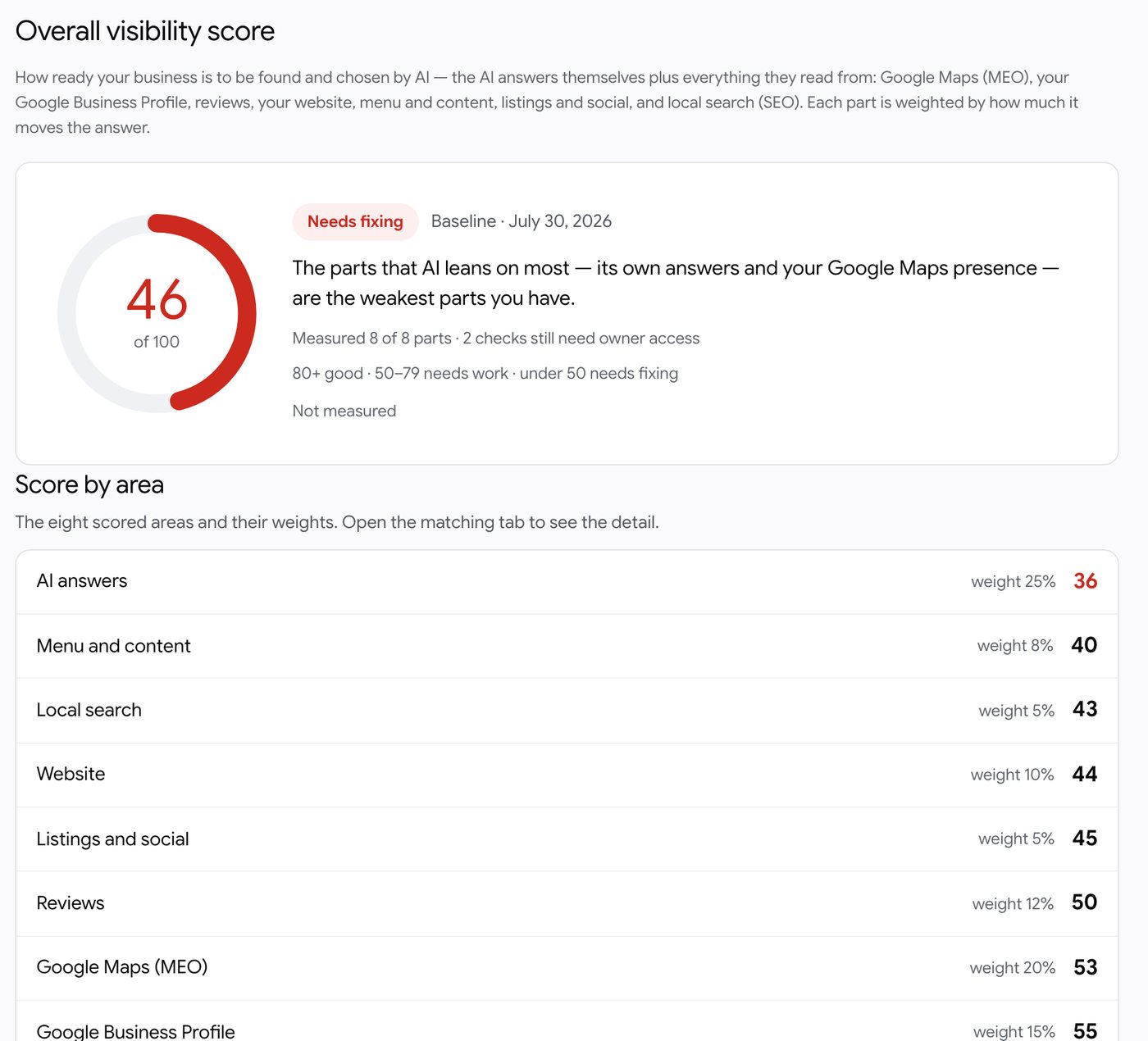 The aitani report screen: overall visibility score and weighted per-area scores